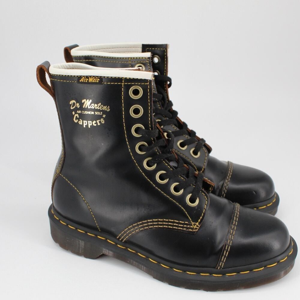 Doc Dr Martens Cappers Black Leather Combat Boots 8 Eye Cap Toe Womens 8